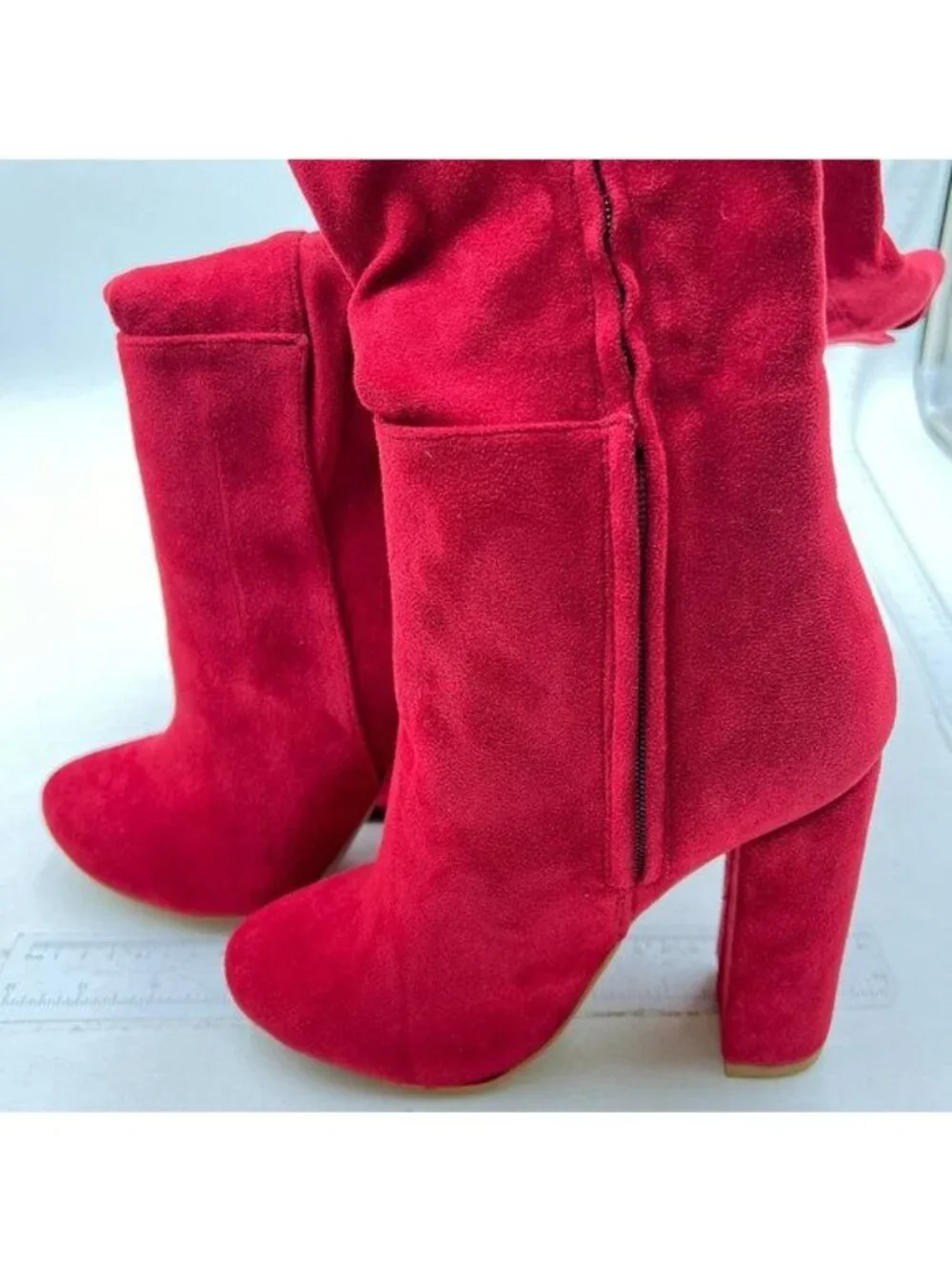 FSJ Women Over The Knee Chunky High Heels Stretch Thigh High Long Boot Red